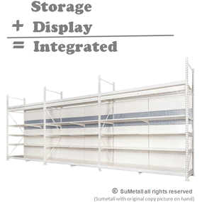 integrated shop shelving and storage racking for both storage and display purpose
